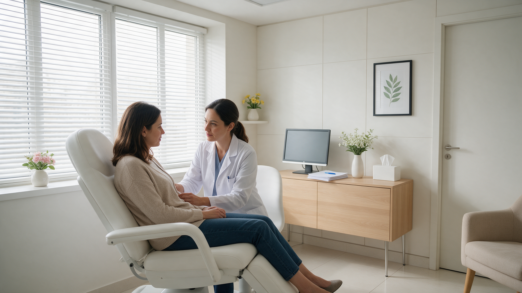 Medica ginecologista atendendo paciente em consultorio